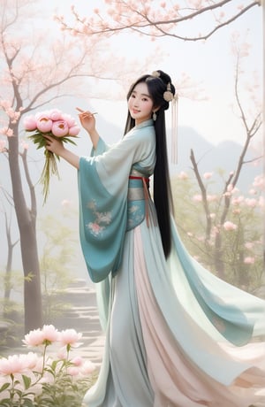 Close-up of a stunningly beautiful girl, Chinese Han Dynasty girl, with big eyes and long eyelashes that make her eyes more lively and beautiful, wearing Han Dynasty clothes and hairstyle, with stunning black hair and long She has thick eyelashes and holds a delicate bouquet of peonies on her fingers. When she looked directly at the audience, she smiled. Her whole body exuded an otherworldly light, and every contour and object on her body seemed to be illuminated by light and sparkle. In the peaceful atmosphere of a summer night, where trees stand tall, rivers flow quietly, and nocturnal creatures serenade them with their gentle chirps and croaks, our protagonist acts like a lovely beacon. In Vadimka's new style, every detail has been carefully crafted to create a realistic style that exudes elegance and wonder. (Masterpiece 1.2, 8K) Depth of field.,source_furry,score_5_up,score_6_up,score_7_up,score_8_up,score_9,han fu