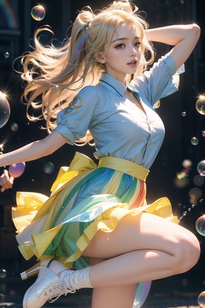 Best quality, masterpiece, super high resolution, (realism: 1.4), original photo, Korean girl 18 years old, blonde girl dress, pure teardrop background, tech clothing, artistic style. The action is to use a bubble blowing machine to blow out many large and small rainbow-like, transparent and beautiful bubbles. The light and shadow are very beautiful. The girl's eyes are blue and have light spots. She has long and cute eyelashes, wears a beautiful white rainbow outfit and rainbow shoes, and dances beautifully. Light and shadow, depth of field, this is a photographic work of the highest quality

