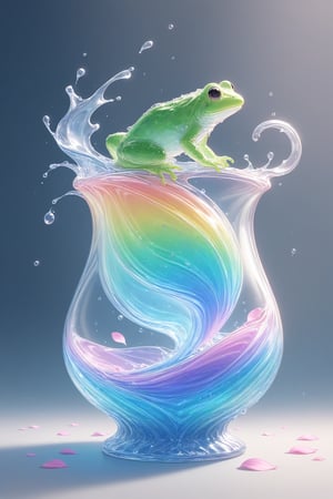 {Elegant crystal clear crystal glass frog with graceful curves, filled with marbled rainbow and white liquid (clear) forming a Cinderella shape. Frog and texture. Smooth object contours and undulating dynamic motion. Pastel petals float around the vase. }