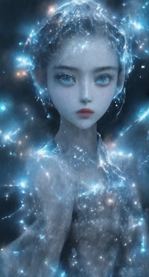 In a mesmerizing full-body portrait, the cyborg beauty sits reg1,ally, ice blue locks flowing like glaciers down her back. Her flawless face, frozen in a direct gaze, exudes confidence. The mecha-armor glistens with high gloss, highlighting intricate design and curves. A sparkling hairpin jewel crowns her head, radiating against the cinematic light that casts dramatic shadows across her figure. Every detail is meticulously rendered in CG illustration, as if painted by a master artist. Amidst this visual splendor, large holographic circles hover in the background, adding an otherworldly ambiance to the scene.