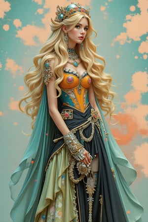 A beautiful acrylic model depicts a very beautiful woman with long wavy yellow hair, dressed as a romantic queen of love, blending the elegance of an empress with steampunk and cybernetic elements. She wears a striking black dress with an orange corset to highlight her waistline, and a light green skirt to add a playful touch. The costume features steampunk accessories—gears, goggles, and metallic details—combined with cybernetic enhancements to give her a futuristic edge. The background uses a light blue gradient color and light pink and light yellow complementary color textures to create a vibrant and dynamic atmosphere, highlighting her domineering power.