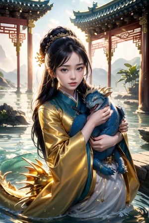 Best quality, masterpiece, super high resolution, (reality: 1.4), original photo, Korean girl 18 years old, she is wearing Han Dynasty women's clothing, fetish style, her beautiful purple-black hair is pulled into Han Dynasty lily bun , hair because the dragon shuttles in the clouds. Therefore, the beautiful light is also reflected by the sunlight. She rides an Eastern dragon. This dragon is a golden dragon with radiant light. It is the water god who rules the sky. The light and shadow are very beautiful. The girl's eyes are blue and have light spots. She has long and lovely eyelashes. She and the dragon happily shuttle around in the clouds. The beauty and the dragon are surrounded by clouds and water vapor. Both the dragon and the beauty are affected by this atmosphere and are very happy. The girl's lips were also slightly curled up in a smile. The dragon's body is about 6 days long and has four claws. This is photography of the highest quality. Light and shadow, masterpiece, superb.
