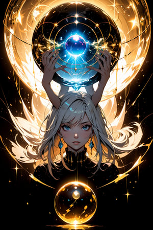 ((Masterpiece; Light and Shadow)), ultra-detailed, dramatic lighting, intricate details, female life fortune teller, (fortune teller), full body, golden eyelashes long and dense, super delicate, holding a rainbow luminous crystal ball, (Sphere approximately 20 cm in diameter), (rainbow-colored luminous crystal ball), cleavage, shiny long hair as golden as silk, hair flying due to the lightning rays emitted by the crystal ball, holding the crystal ball, chaotic reflection of the utopian scene , perfect eyes, twinkling light, central subject, detailed face, detailed eyes, crystal ball light, light and shadow
,niji,high detail