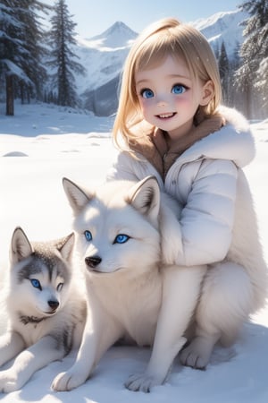 A little girl with blond hair and very fair skin. She is only 4 years old, but she grew up with a snow wolf with white fur and blue eyes. The snow wolf loves the little girl very much. He can put her to sleep and carry her on the grassland. The little girl always smiles happily. The little girl is extremely beautiful, with blue eyes, very lively, and long and thick eyelashes. To make her even more beautiful, she would often roll around on the grass with the snow wolf. The little girl wears all kinds of cute clothes. Outdoors, sunshine, mountains, trees, flowers, birds, butterflies. light and shadow. 