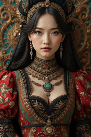 Elegant and stunningly beautiful Uyghur girls, mostly Chinese and Russian mixed-race, with three-dimensional facial features. They wear David Uygur headdresses, Uyghur makeup, and charming black velvet bases with intricate gold embroidery and pearl embellishments. Exquisite lace trim, Byzantine makeup, pale skin, dark lips, rainbow-colored embroidered dresses with ruffled puff sleeves. Charming background with Russian folk art patterns. Studio lighting, high-definition fashion photography style, inspired by FluxGothicRealnime, adrr-zllj, lyh, goth girls, and ohwx style.