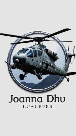 Logo badge. Design a modern and stylish logo with the attack helicopter Longbow Apache at its core. The attack helicopter Apache Longbow should be stylized and dynamic, capturing the essence of speed and adventure. An elegant silver frame surrounds the attack helicopter Longbow Apache to accentuate its styling. Below or integrated with the Attack Helicopter Longbow Apache, add the text "Joanna Dhu" in a bold and stylish font that complements the overall design. The color scheme should resonate with luxury, using silver prominently, and using contrasting colors to enhance visual appeal