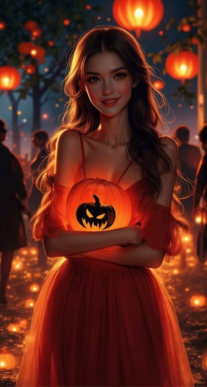 Western customs: October 31st is Halloween every year. On this day, the Holy Spirit will come down and some evil spirits will escape. Today, a beautiful and charming European woman is going to attend a friend's party. She also follows the custom of wearing charming and sexy clothes. This popular pumpkin costume looks particularly beautiful and charming. A beautiful and charming woman, she has beautiful long curly hair and bright and beautiful eyes with long eyelashes. "The woman wears various styles of pumpkin costumes in colorful colors and various Halloween masks." "Super beautiful and charming". Pumpkin lanterns emit light of various colors. "The colorful pumpkin lanterns make the woman's face more beautiful and charming", she smiles and feels happy. Anime style, various colors The combination of water, oil, pastel ink and exquisite hand-drawn sketches is like a real photo, light and shadow, this is a good photo.,Glass