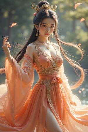 1girl, imagine an ancient Chinese goddess: the goddess Nuwa, wearing a gorgeous and beautiful Han Dynasty dress, and there is a fairy ribbon on her hand. The Hanfu all over her body floats naturally like a magic spell with fairy energy. The clothes she wore were not earthly clothes. They were made of heavenly materials and could not be found on earth. She used magic to make herself levitate in the air. She is very beautiful, even more beautiful than the angels in the West. She is an ancient Chinese goddess. Her face is very beautiful, and even the current Korean supermodels cannot compare to her. The clothes are decorated with intricate Chinese Hunan embroidery, floating gracefully in the air. She looks directly at the viewer with a beautiful smile that makes those who see her feel happy about her. Her clothes exude divine grace and power, and the rich colors and luxurious fabrics symbolize her divine status. As she travels through the void of space, the goddess embodies the timeless beauty and wisdom of the natural world, inspiring awe and reverence in all who see her. Super masterpiece.,wonder beauty