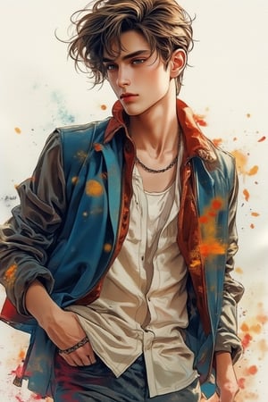 A beautiful European emo handsome guy, tall and sexy, with a well-proportioned figure. He wears fashionable clothes with a fashionable aristocratic feel, casual yet elegant. Using watercolor and gouache splashes, the artwork showcases masterpiece quality and stunning imagery. 128K resolution captures colorful light wavelengths, mesmerizing reflections, and the beautiful gouache sketch in the center. Modern art style highlights beauty and sophistication.