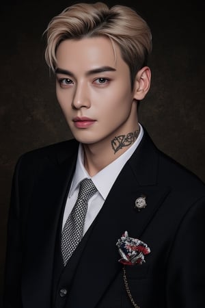 Anime-style solo singer depicted as an unkempt man with French gentleman aesthetics. Short hair, eyeliner, and rococo makeup embody moody nobility. Wearing a chic black and white suit, dragon gold-patterned tie, titanium watch, earrings, and luxurious silver lapel pin chain. A floral handkerchief peeks from his chest pocket, highlighting his soft blonde hair, sharp blue eyes, long legs, and tall, handsome figure. The scene captures the essence of rococo chic, blending refined details with elegance and avant-garde. Full body. Sometimes you sit, sometimes you stand sometimes you lie: