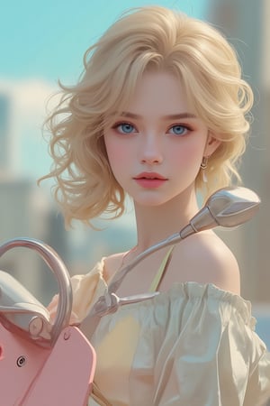 (by Loish, Leyendecker), anime girl, retro, sitting on a (silver scooter), SamYangstyle, soft, super cute face, soft colors, blush, dreamy, more detail XL, 