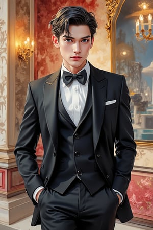 Emo handsome European guy with a tall, sexy, and well-proportioned figure, wearing fashionable clothes to attend a high-end cocktail party, exuding a luxurious and elegant aristocratic atmosphere, inspired by the most popular Paris and Italian fashions. Artwork meticulously and realistically depicted in watercolor and gouache, displaying lifelike quality and masterpiece status. 128K resolution captures colorful light wavelengths, mesmerizing reflections, and delicate gouache sketches of his entire body. Modern art style highlights beauty and sophistication.