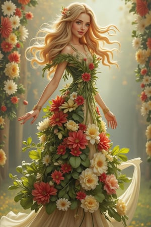 A beautiful and charming 19-year-old woman in Europe, with silky long wavy hair that changes color to match her clothes. She wears a floral dress made of autumn maple leaves, winter cherry blossoms, and spring four-leaf clovers, with new flowers appearing according to her moods. The floral outfits are all made of flowers, leaves, and grass, with no fabric. Beautiful macro photography showcases super detailed and intricate details, perfectly interpreted in Rococo art. The girl smiles happily, displaying her full body as she dances wonderfully, with shoes made of flowers and plants. Her mother, an elf, causes beautiful rainbow lights and fantasy backgrounds to appear around her whenever she smiles.