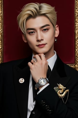 Anime-style solo singer depicted as an unkempt man with French gentleman aesthetics. Short hair, eyeliner, and rococo makeup embody moody nobility. Wearing a chic black and white suit, dragon gold-patterned tie, titanium watch, earrings, and luxurious silver lapel pin chain. A floral handkerchief peeks from his chest pocket, highlighting his soft blonde hair, sharp blue eyes, long legs, and tall, handsome figure. The scene captures the essence of rococo chic, blending refined details with elegance and avant-garde. Full body. Sometimes you sit, sometimes you stand sometimes you lie: