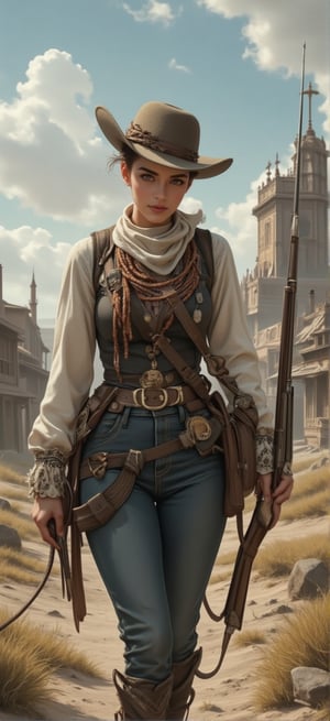 On the journey to expand the wilderness, a beautiful and charming American girl was wearing a cowboy outfit from the 1881 AD era. She had two mid-length guns and a cowboy belt on her belt. She also had a magazine on her belt. She was wearing a cowboy hat because the sun was very bright. But her facial features are exquisite and three-dimensional, her face, tall and well-proportioned figure look beautiful in jeans, and her identity is very mysterious. That era was very barbaric and life was difficult, so her white and tender skin attracted everyone's attention. Everyone is coveting her beauty, but her spear skills are very good and she has martial arts, so everyone only dares to look at her. A girl is riding a black horse. She is very strong. She is holding the horse's rope and walking. Walking through the villages and towns, the landscape of the villages and towns is still very distinctive with retro western-era buildings and desolate landscapes. Cowboy shooting, westernism. American retro art. Brutalist style.