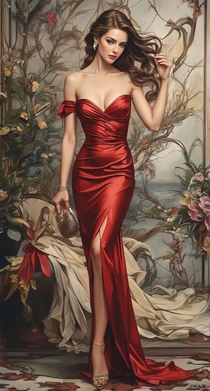 A beautiful European beauty with a tall, sexy, and well-proportioned figure, dressed in fashionable clothes for a high-end cocktail party, exuding luxury and elegance with an aristocratic feel inspired by the most popular Paris and Italian fashions. The artwork features a detailed, realistic depiction in watercolor and gouache, showcasing a lifelike quality and masterpiece status. The 128K resolution captures colored light wavelengths, attractive reflections, and a fine gouache sketch of her full body on display. The modern art style highlights the beauty's allure and sophistication.,Glass