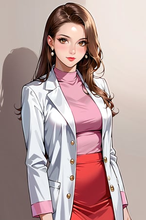 {{Masterpiece}}, a beautiful and talented woman, age 27, she is a surgeon, wearing a doctor's white coat, ((highest quality)), sexy woman, a girl, well-proportioned body, height Tall, perfect hands, detailed fingers, beautiful detailed eyes, long brown silky hair, bright brown eyes with long and dense eyelashes, tight skirt, perfect eyes, looking at the audience. Light and shadow, realistic.