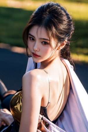 (Masterpiece, best quality, lifelike), 1girl, with long purple-black hair, air-permed bangs, and long wavy hair, elegantly scattered on the shoulders, or naturally raised by the wind, extremely beautiful. Golden eyes with long and dense eyelashes, chest, delicate and fair skin, pores, slightly parted lips, collarbone, whole body, beautiful model and star, because she is an actor, she will look at the audience, do various model poses, clothes and The shoes are all 2024 Paris-era new styles. beautiful back {{{sunlit version, night view version, drama live version, drama scene}}}, detailed face, realism, epic, female, portrait, original photo, photography, realism, light and shadowfrey4jkt48, gaby_rose, adeljkt48 ,yukikato,,wul4n