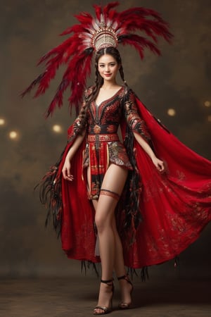 (Best Quality, 128K, High Resolution, Masterpiece: 1.2), Ultra Detailed, (Real: 1.37), Aboriginal Girl, Red and Black Harness, Extremely White Skin, Long Braids of Feathers, High Heels, Accessories on Arms, Beautiful Detailed Eyes, Beautiful Detailed Lips, National Costume, Traditional Patterns, Graceful Dancing Traditional Dance, Graceful and Charming Gesture, Subtle Smile, Bright Colors, Bokeh Lighting, Portrait.