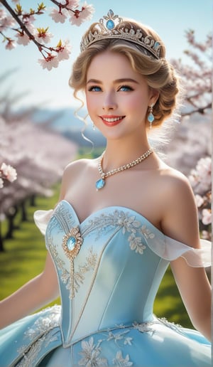 Close-up, young girl with light blue eyes and long thick eyelashes, she looks like 20-year-old Grace Patricia Kelly, wearing a crown, full body shot, wearing a gorgeous princess dress, standing, she dances elegantly Dance steps, she danced to the music, immersed in the charming music, she smiled happily. There are also cherry blossom braids all over the sky, which are extremely beautiful. High quality. Modifiers: Alphonse Mucha, boris valejo dedecent illustration, Anne Boonchuy, art_booster, BlackworkStyleManityro, WOWAI, Expressiveh, Apoloniasxmasbox