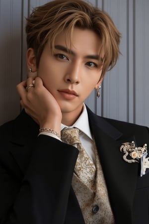 Anime-style solo singer, depicted as an unkempt man with French gentleman aesthetics. Short hair, eyeliner, and Rococo makeup embody emotional nobility. Wearing a chic black and white suit with a dragon-patterned gold tie, titanium watch, earrings, and luxurious silver lapel pin chain. A floral handkerchief peeks out from his chest pocket, highlighting his soft blonde hair, sharp blue eyes, long legs, and tall, handsome figure. The scene captures the essence of Rococo chic, with exquisite details blending elegance and avant-garde. Full body. Sometimes you sit, sometimes you stand sometimes you lie down.