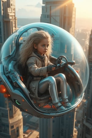 A beautiful young girl with perfect Western facial features, big blue eyes, long eyelashes, and long curly blond hair, wearing silver tights, sits in a round glass aircraft. The exterior is made of transparent tempered glass, featuring an operating instrument panel. She uses game controllers and joysticks to fly. The scene is set in a futuristic cityscape under the sun, with thrusters visible. The artwork is a realistic masterpiece, showcasing future technology and sci-fi elements.