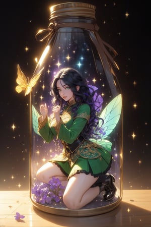 (Masterpiece, best quality, high resolution: 1.6), (Beautiful big green bright eyes, long thick eyelashes, black and purple fusion silky long curly hair, hair between the eyes, 1girl, perfect proportions figure)
Black bottom, whole body, kneeling, white skirt, long skirt, inner bottle, glass, flowers, trapped, jar, fairy, wings, light and shadow, beautiful space visual design. Beautiful rainbow glitter in all the space in the background. Extremely beautiful.