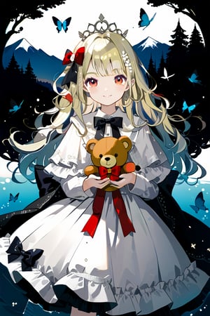 1girl, solo, long curly blond hair with silver highlights, looking at the viewer, blushing face, air bangs, hair accessory, big red eyes, long eyelashes, long sleeves, dress, bow, holding, smile, bow hair, ruffles , bow tie, luxury lace princess dress, fur trim, black bow, capelet, watermark, stuffed toy, lace dress, stuffed animal, crown, box, gift, lolita fashion, teddy bear, orange bow, mini crown , holding a stuffed toy, toned, background: mountains, trees, water, flowers, butterflies, dragonflies, birds. light and shadow. Anime style.