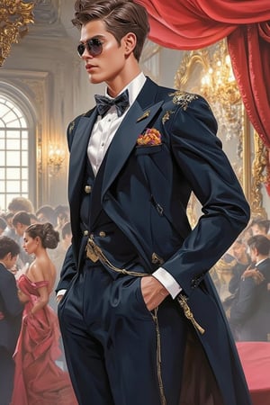 Emo handsome European guy with a tall, sexy, and well-proportioned figure, wearing fashionable clothes to attend a high-end cocktail party, exuding a luxurious and elegant aristocratic atmosphere, inspired by the most popular Paris and Italian fashions. Artwork meticulously and realistically depicted in watercolor and gouache, displaying lifelike quality and masterpiece status. 128K resolution captures colorful light wavelengths, mesmerizing reflections, and delicate gouache sketches of his entire body. Modern art style highlights beauty and sophistication.