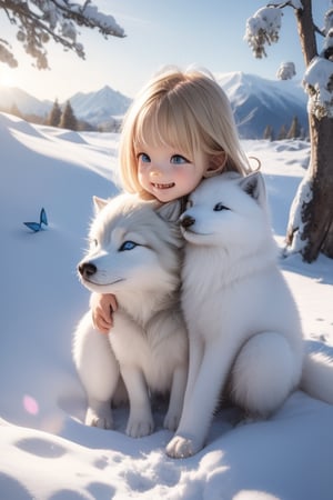 A little girl with blond hair and very fair skin. She is only 4 years old, but she grew up with a snow wolf with white fur and blue eyes. The snow wolf loves the little girl very much. He can put her to sleep and carry her on the grassland. The little girl always smiles happily. The little girl is extremely beautiful, with blue eyes, very lively, and long and thick eyelashes. To make her even more beautiful, she would often roll around on the grass with the snow wolf. The little girl wears all kinds of cute clothes. Outdoors, sunshine, mountains, trees, flowers, birds, butterflies. light and shadow. 