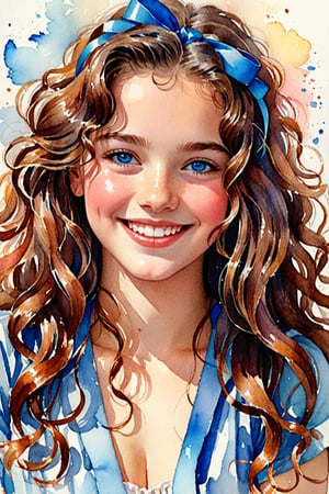 (Author Conrad Rosset), (1949s, 17-year-old girl, cute smile, blue eyes, long curly hair, blue hair, white ribbon, wink), mixed color watercolor, drawing, (deliberately beautiful),