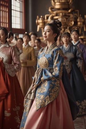 A stunning woman, more beautiful than a Korean supermodel, in a traditional Korean hanbok with intricate royal embroidery. She exudes dignified grace, followed by attendants in elegant patterned hanboks. Leading the procession, maids and concubines in traditional attire walk ahead. With a serene smile, she glances at the audience, poised to meet the Joseon king. The scene is set against a backdrop of a steampunk engine, blending historical and futuristic elements. Masterful light and shadow create a perfect, detailed work.