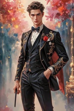 Emo handsome European guy with a tall, sexy, and well-proportioned figure, wearing fashionable clothes to attend a high-end cocktail party, exuding a luxurious and elegant aristocratic atmosphere, inspired by the most popular Paris and Italian fashions. Artwork meticulously and realistically depicted in watercolor and gouache, displaying lifelike quality and masterpiece status. 128K resolution captures colorful light wavelengths, mesmerizing reflections, and delicate gouache sketches of his entire body. Modern art style highlights beauty and sophistication.