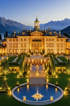 A grandiose villa reminiscent of Germany's Hohenzollern Castle, featuring a moat, surrounded by majestic mountains, serene waters, and an expansive garden. The entrance is secured with a control room that requires ID verification or facial recognition for access. The castle is both beautiful and imposing, with a vast garage housing hundreds of luxury cars, reflecting an opulent lifestyle. The architectural style incorporates elements of Renaissance art, adorned with exquisite oil paintings and realistic designs. The scene captures the grandeur and elegance of the castle, with dynamic lighting enhancing the visual impact. Rendered in the highest quality, this masterpiece embodies a blend of historical grandeur and modern luxury.