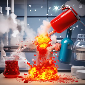 A 3D rendered scene of a medical doctor in a laboratory, frantically trying to extinguish a fire caused by a broken beaker. The doctor's face shows panic as they use a fire extinguisher. The scene is in vivid color, with high-definition details, including the bubbling and spilling chemicals, the flames, and the smoke. The background is simple, focusing on the laboratory setting with essential equipment. The composition is highly realistic and three-dimensional, capturing the urgency and chaos of the moment. Stars twinkle faintly in the background, adding a surreal touch to the dramatic scene.