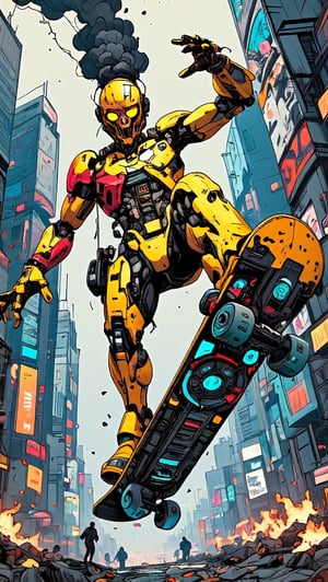 Masterpiece, professional, award-winning, intricate details, ultra high detailed, 64k, volumetric light, dynamic lighting, Movie Aesthetic, action shot, comic book panels by Travis Charest and Phil Noto (colored). In the heart of a ravaged metropolis, a cyborg skateboarder clad in gleaming yellow and red metall armor, 'Ares-X', emerges from a plume of smoke and flames. The board's chassis twists like a metallic DNA helix, with glowing blue circuits pulsing beneath its surface. A tangle of razor-sharp wires and gears churns like a maddening dynamo, as if the very fabric of reality is being rewritten. Amidst this maelstrom, Ares-X assumes a pose reminiscent of a mythical creature, frozen in mid-air as if defying gravity's laws. The cityscape behind him dissolves into a kaleidoscope of fractured architecture and burning debris, while the sky above darkens like a vortex, threatening to consume everything.