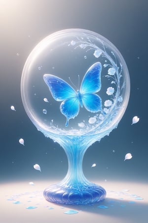 
{Elegant crystal clear crystal glass electric fan with graceful curves, filled with marbled light blue and white and blue liquid (transparent), forming the shape of a butterfly. Lion and texture. Smooth object contours and undulating dynamic motion. Pastel petals float around the vase. }