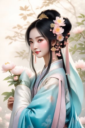 Close-up of a stunningly beautiful girl, Chinese Han Dynasty girl, with big eyes and long eyelashes that make her eyes more lively and beautiful, wearing Han Dynasty clothes and hairstyle, with stunning black hair and long She has thick eyelashes and holds a delicate bouquet of peonies on her fingers. When she looked directly at the audience, she smiled. Her whole body exuded an otherworldly light, and every contour and object on her body seemed to be illuminated by light and sparkle. She couldn't help but dance an ancient dance taught by her grandmother at home. It was very elegant and soft. In the quiet atmosphere of summer night, the trees were tall, the river flowed quietly, and the nocturnal creatures sang to them with their gentle calls and croaks. Serenade, our protagonist is like a lovely beacon. In Vadimka's new style, every detail has been carefully crafted to create a realistic style that exudes elegance and wonder. (Masterpiece 1.2, 8K) Depth of field.,score_6_up,source_furry,score_5_up,score_7_up,score_8_up,score_9,han fu