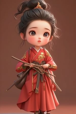 In ancient Han China, a beautiful little girl's boudoir was filled with wooden fish and wooden mallets for striking them. As a child, she was sent to a Taoist temple for her poor health. Now six years old and in better health, she was brought back home. She still wears a Taoist robe and holds a Daoist whisk, with a small bag on her back. Her robe resembles a Shaolin monk's attire, making her look adorable. Her brother loves her and pinches her cheeks, causing her to protest, Brother, stop pinching me, or I'll turn into a meat pie face! The girl wears a Taoist hat and clothes, which her father wants her to change, but she refuses. Feeling guilty for her upbringing outside the home, her father indulges her every request. The girl has a true spiritual connection, able to communicate with spirits and protect herself from negative influences. She has beautiful, bright, and lively eyes with long eyelashes and beautiful long hair, which she ties into a bun. This Q-version little Taoist is so cute that one can't help but want to hug her. Her slightly red cheeks, round face, and pouting lips make her even more adorable.