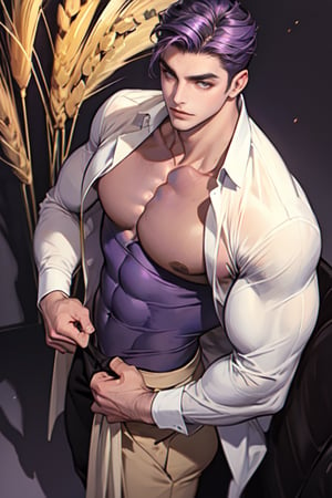 A boy is facing the camera, with thick eyebrows, big purple-brown eyes (eyelashes are long and dense), and healthy wheat-colored skin. (see through) He has chest muscles and his hair color is purple and black. His clothes are always fashionable and fashionable. He is 183 cm tall and weighs 75 kg. Light and Shadow (Vision).