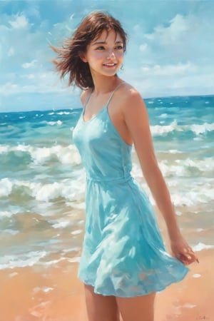 Painting depicting athletic female teenager, dynamic pose, joy, seagulls, crabs, seashells, strong ocean waves, blue sky, style of Paul Hedley, happy celebration of nature, Mark Large, Jessica DeRosen, vintage Aesthetics, Automatism, MediumTurquois, SkvBlue and Color Palettes.