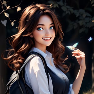 Close-up in anime style, a beautiful girl with big, lively eyes with long eyelashes, has beautiful long golden wavy hair with shiny texture, wearing a hat and carrying a backpack. . The girl is smiling directly at the audience. She is completely dressed in work clothes, but she is wearing the posture of a big star. All the lines of her body, including the objects on her body, are shining, just like LED lights, full of streamlined beauty. . She became the most visible target before the crowd. Blue sky and white clouds, green trees, quiet river, butterflies, dragonflies, birds and frogs seem to be playing a symphony. It reflects the beautiful wonders of summer night and is extremely beautiful. What a masterpiece. Light and shadow. The anime style details are extremely detailed and beautiful. whole body. Vadimka new style.,more detail XL,aesthetic portrait