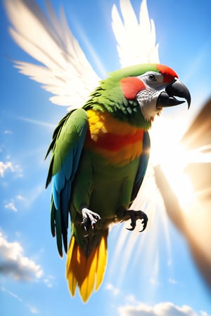 A serene background featuring a parrot soaring freely against a vibrant blue sky. The parrot's exquisite feathers glisten beautifully under the sunlight, creating a stunning backlight effect. The scene captures a cinematic, realistic photography style with a focus on depth of field, highlighting the interplay of light and shadow, resulting in a masterpiece.