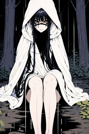 (The Ethereal Dark Story by Tim Searle), young anime yuri girl with hazel eyes, black over white smoke layer, long straight black hair covering one eye, long black hair, wearing loose pure white Cotton pajamas, hair covering eyes, pale skin, bare feet, dynamic pose in dark forest, dark + gothic, + foreboding background: 1.4), more details XL, dark halo, anime style, black and white ink splash design . A masterpiece, cinematography of the highest order. Official art.