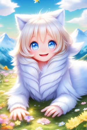 A little girl with blond hair and very fair skin. She is only 4 years old, but she grew up with a snow wolf with white fur and blue eyes. The snow wolf loves the little girl very much. He can put her to sleep and carry her on the grassland. The little girl always smiles happily. The little girl is extremely beautiful, with blue eyes, very lively, and long and thick eyelashes. To make her even more beautiful, she would often roll around on the grass with the snow wolf. The little girl wears all kinds of cute clothes. Outdoors, sunshine, mountains, trees, flowers, birds, butterflies. light and shadow. Anime style.