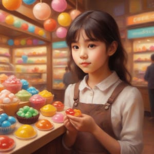 Create an anime-style illustration of a young girl standing in a brightly lit dessert shop. She is admiring a display of colorful candies, her eyes wide with wonder. The scene is framed with a close-up on her face and the candies, capturing the vibrant hues and the soft, warm lighting of the shop. The composition emphasizes the contrast between the girl's innocent expression and the enticing array of sweets.