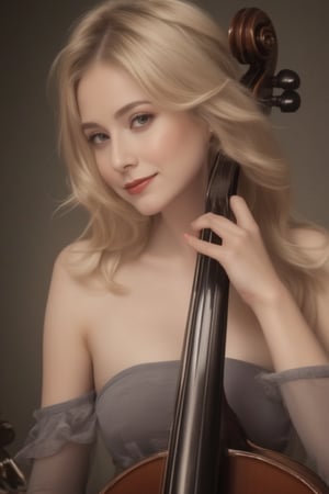 Masterpiece, high-resolution animation, ultra-high resolution rendering, a woman playing a cello, oqueltra background. Platinum blonde hair, beautiful face, angled to one side, pink lips, smiling face. Grey spaghetti strap off-shoulder dress.