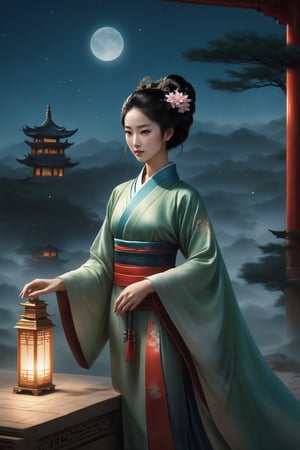 A woman with three-dimensional facial features that are more beautiful than modern Korean female supermodels. She has beautiful big black eyes and bright, long and dense eyelashes. She wears a Han Dynasty lily bun, exquisite and gorgeous hair accessories, and her whole body is very charming, but Because as a killer, her eyes have a very strong killing intent. In order to hide her identity, she sometimes wears various Hanfus worn by ancient Chinese women. Sui Feng's long, shiny black hair and clothes can be seen casually. The wind is blowing, the ultimate masterpiece. Her body proportions are also very good, which was very rare in ancient times. The ratio of head to body is 1:8. Every time she looks at the audience, the audience will be deeply attracted by her. She is very beautiful, but will also be fascinated by her. Her eyes were astonishing, her whole body was extremely detailed, she was both beautiful and possessed of unique skills. There will always be an exquisite and rare long sword on the belt around her waist (it is refined in ancient times and can break the sword and iron). She is very beautiful when she wears the beautiful ancient gorgeous and exquisite Hanfu.
Background: The vast starry sky, a bright moon, exquisite ancient buildings, ancient trees, and ancient gardens. There are many fireflies in the garden, which makes the garden more beautiful. light and shadow. Exquisitely detailed oil painting designs complement modern film effects and lighting.
