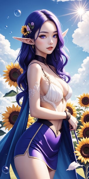 {{{Masterpiece, best quality, high resolution: 1.3}}}, super resolution image, (1girl), (solo), like a Korean supermodel, head to body ratio 1;8, as bright and delicate as black silk Wavy silky purple hair, elf, bright and big purple eyes, dark purple eyelashes, long and dense, {{{enhance face close-up}}} breeze, perfume lily group, cherry blossom field, petals, sparkling Glowing magic, (soft sunshine: 1.3), fantasy, natural accessories, happy in front of a group of sunflowers, doing {{various poses of beautiful Korean female supermodels}} all dressed up in various styles of elves, {{ {Flower Fairy's thin short skirt}}} has a sense of see-through, and she is also wearing {{{female elf galoshes made of rainbow mixed-color canvas}}} (see-through), showing light and shadow. Blue sky and white clouds, fantasy beautiful rainbow bubbles fill the air. A masterpiece, extremely beautiful.