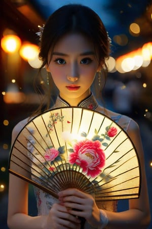 Professional photography: Alessio Albi, a Chinese girl who is more beautiful than a Korean female supermodel. The fan only covers her nose, revealing her beautiful big blue eyes, which are smart and lively, and her eyelashes are naturally long and dense. Peony pattern traditional cheongsam, exquisite Chinese round fan, silk fan surface, long bamboo fan handle body, very detailed details on the girl's face, holding round fan, long bamboo fan handle, Chinese calligraphy text written on the surface of the fan, among the stars In the night environment, nearby lights hint at the arrival of the festival. Highly detailed cinematic lighting, 8K resolution.
A superhuman masterpiece.
